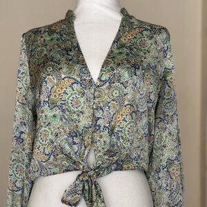 Zara Mint Paisley V-Neck Blouse with Purple & Gold Accents
